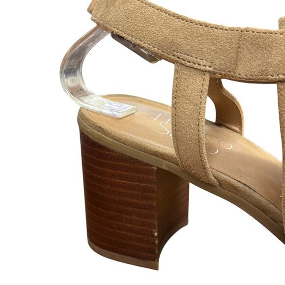 Franco Sarto Harlet 3 Leather Tan Beige Woven Chunky High Heels Sandals Shoes 8 - Picture 3 of 16